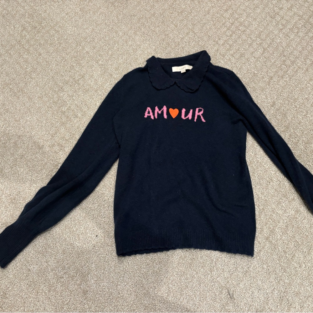LOFT Navy Sweater with Pink and Red 'Amour' Design. Perfect for Valentine’s Day.